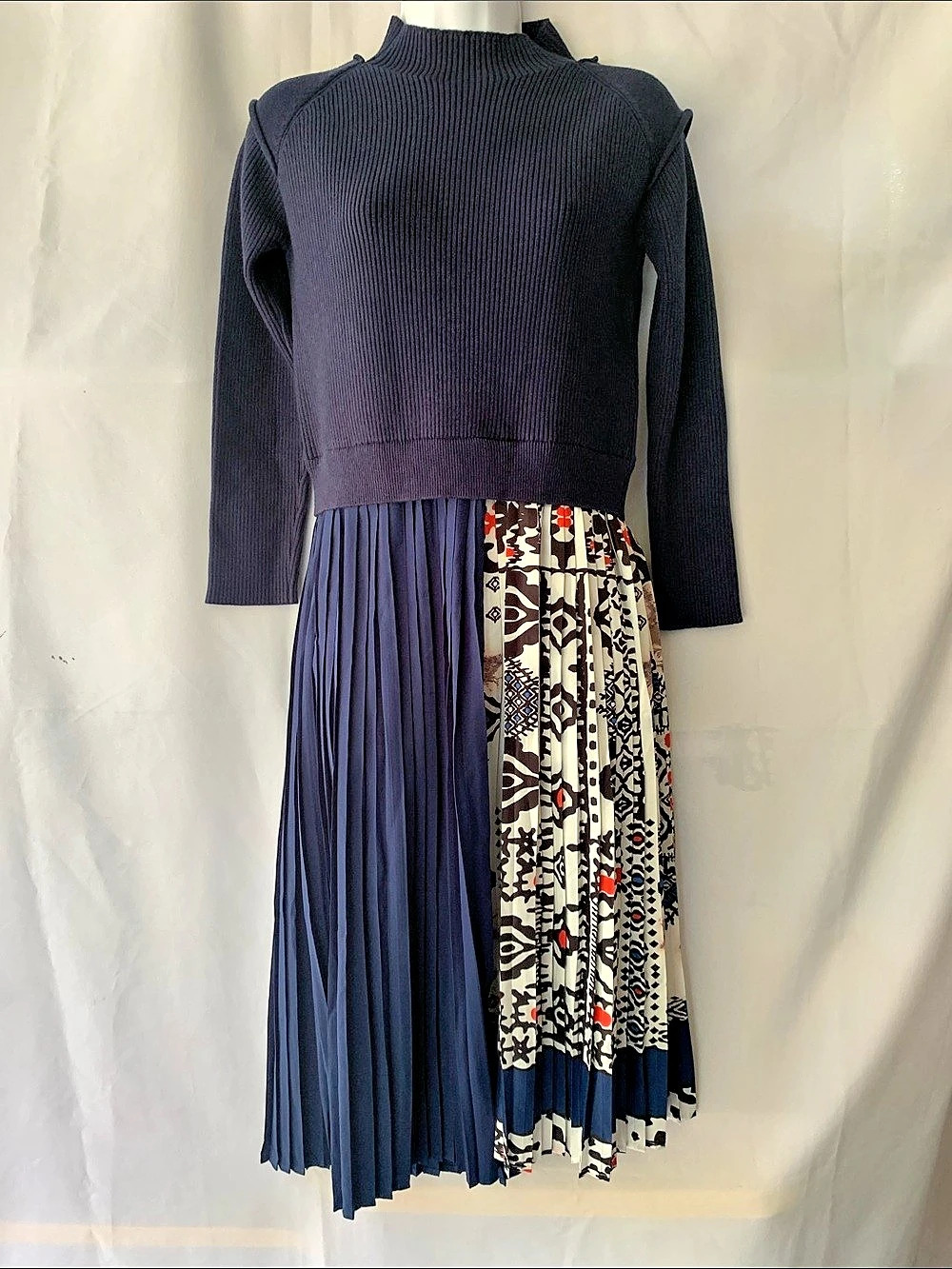Heathmoor Navy Blue Ribbed Knit Mixed Media Pleated Midi Dress Artsy